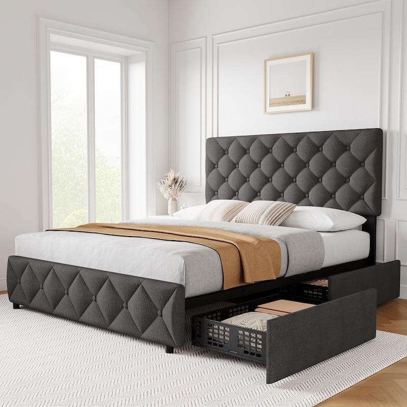 Full Size Bed Frame with 4 Storage Drawers and Headboard, Linen Upholstered Platform Bed Frame - Grey - Full