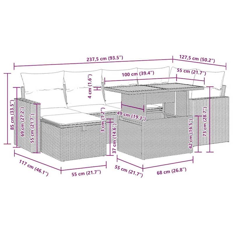 vidaXL Patio Sofa Set with Cushions Outdoor Conversation Furniture Poly Rattan - 21.7 x 39.4 x 28.7