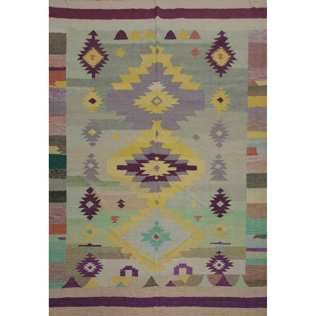 Hand Woven Oriental 100% Wool Carpet Southwestern Tribal Multi-Colored Kilim Area Rug - 9' 10'' X 8' 4''