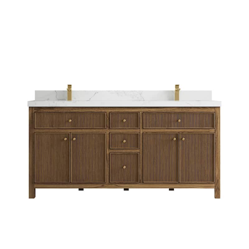 Willow Collections 72 in. W x 22 in. D Sonoma Teak Double Sink Bathroom Vanity with Countertop - 2" Calacatta Nuvo - Dark Natural