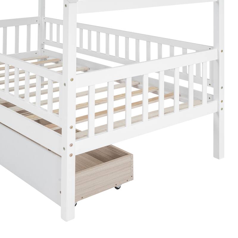 Twin Size House Bed with Two Drawers and Roof Design, Pine Wood Frame