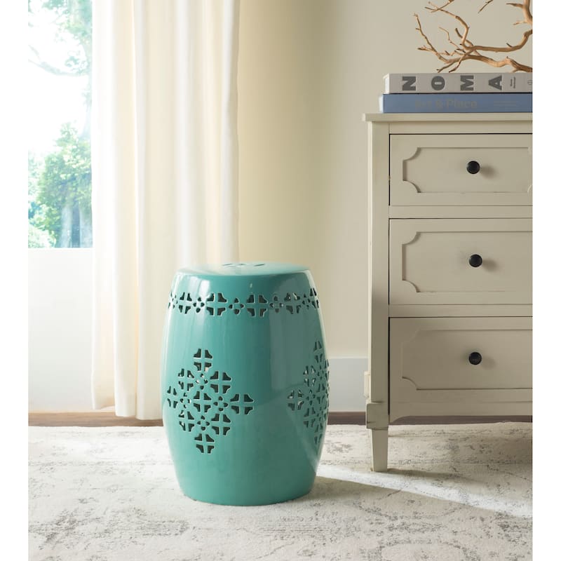 SAFAVIEH Gudrun Antique White Ceramic Decorative Garden Stool - Light Blue