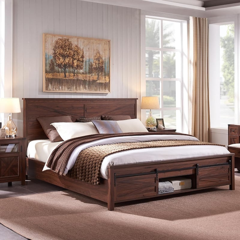 Farmhouse King Size Wood Bed Frame with Sliding Barn Door Storage - Brown