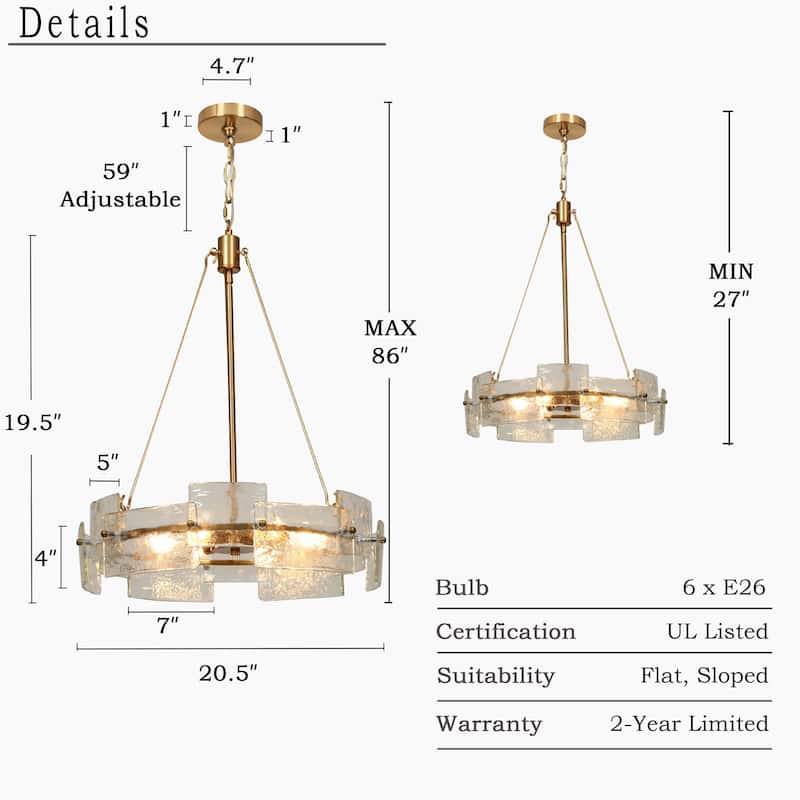 Modern Glam Gold 6-Light Drum Chandelier Textured Glass Pendant Light for Dining Room - D 20.5" x H 24"