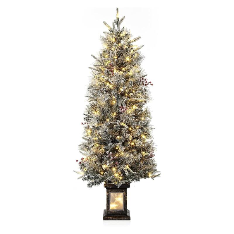 4.5 Ft Artificial Christmas Tree with 200 Warm White LED Lights and Red Berries Potted Base Holiday Xmas Tree - 12#