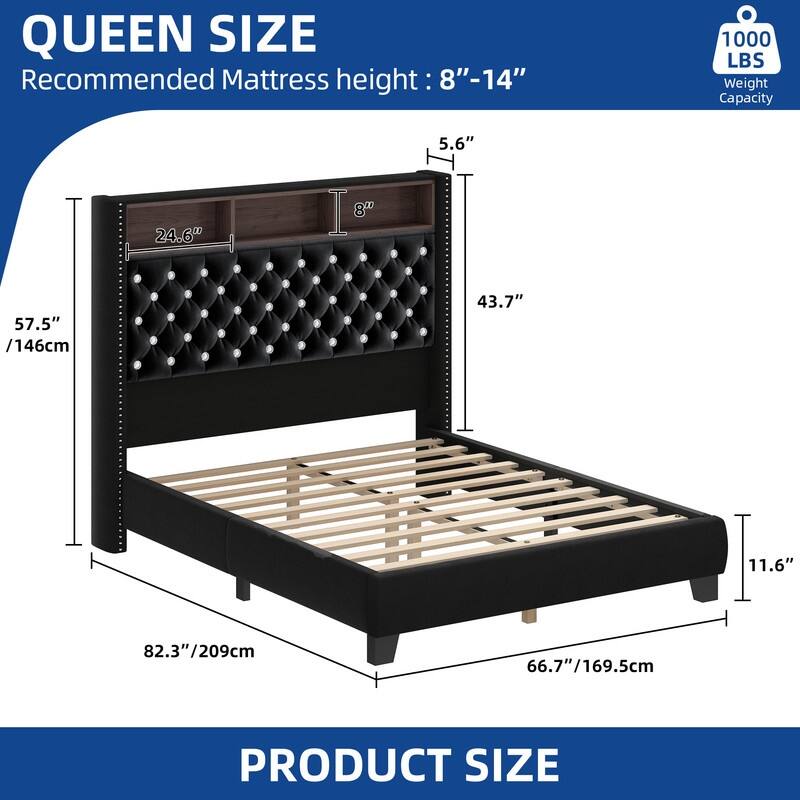Moasis King/Queen Size Velvet Upholstered Bed Frame with Storage Headboard with USB Charging Stations - Black - Queen