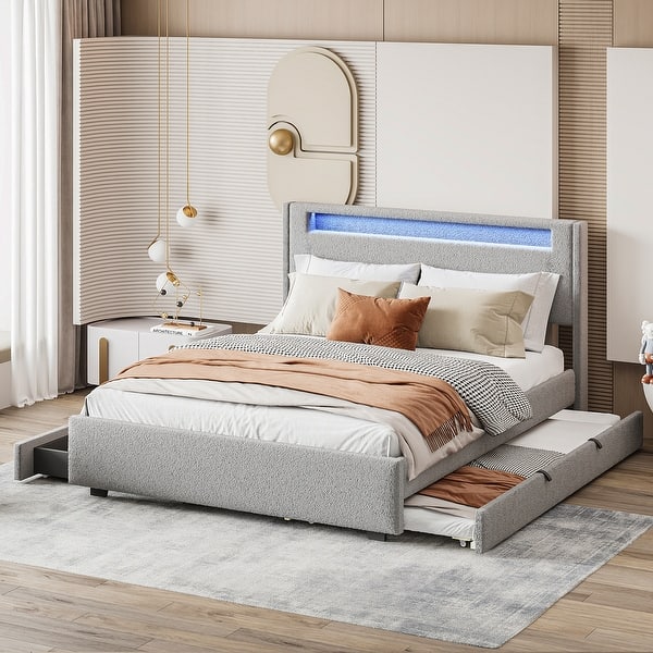 slide 2 of 14, LED Platform Bed Queen Bed Frame with Twin XL Size Trundle and 2 Drawers Underneath, Wood Slat Support, Grey Teddy Fleece Grey - Queen