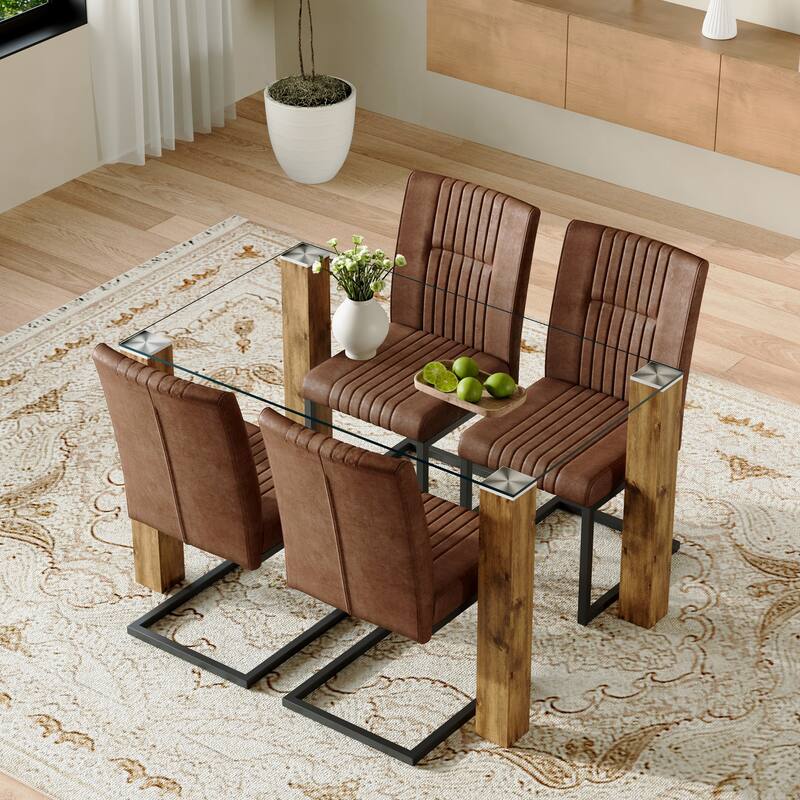 Table and chair set.A 49.6*30 Inch Transparent Tempered Glass Dining Table With Wood Grain MDF Legs - Brown+Black,Transparent,Wood