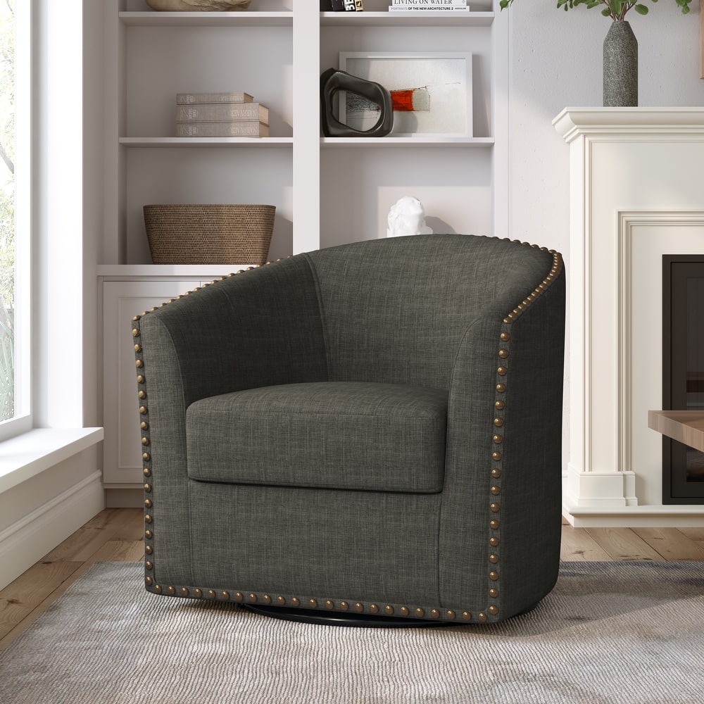 Modern Nailhead Upholstered Linen Swivel Accent Chair