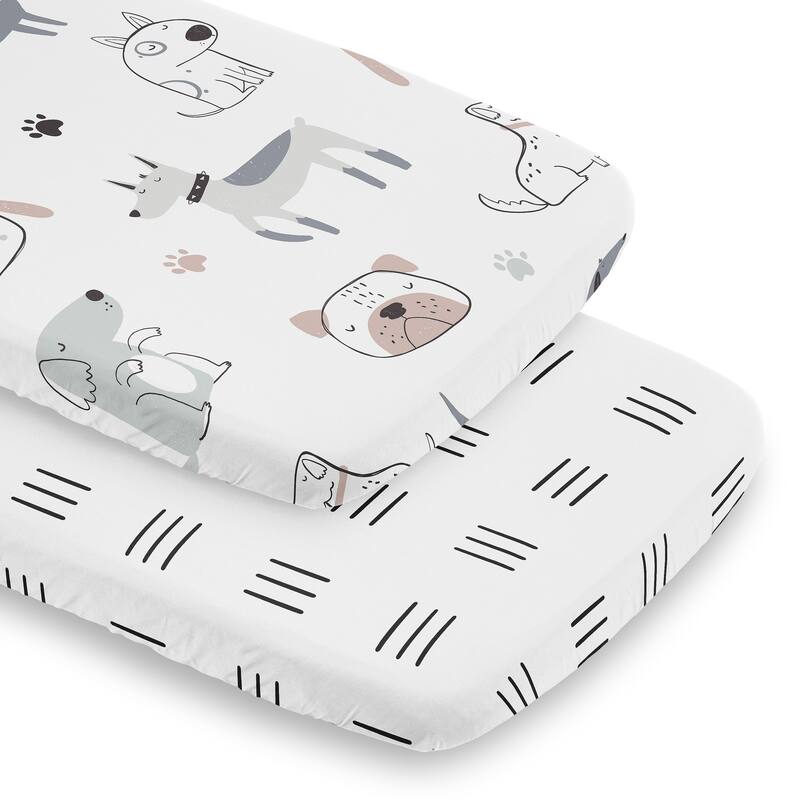 Sweet Jojo Designs Dog Boy, Girl, Unisex/Gender Neutral 2 Pack Baby Bassinet Fitted Sheets - Black & White Hatch & Modern, Puppy