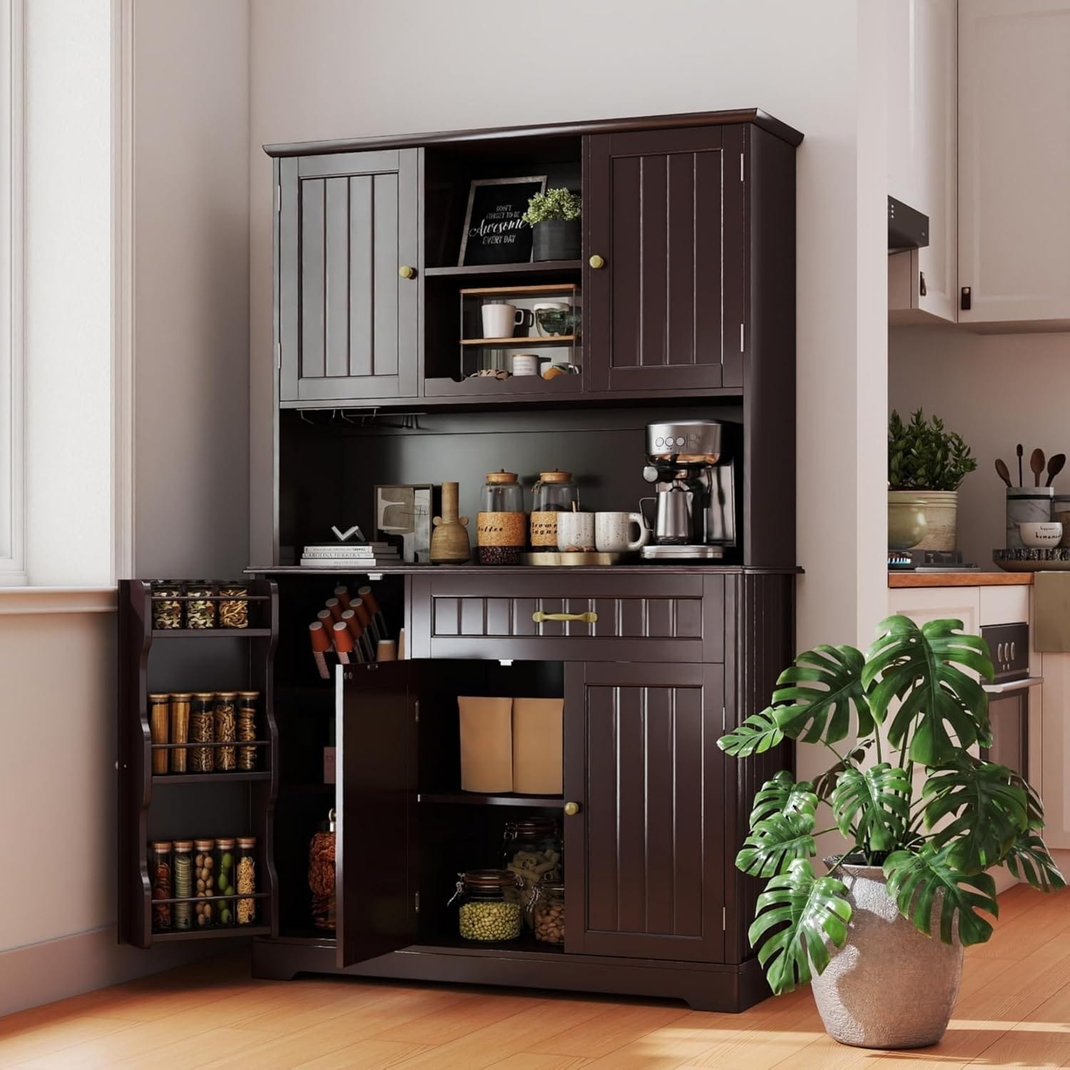 67” Kitchen Pantry with Doors and Shelves, Tall Coffee Bar Cabinet with Storage