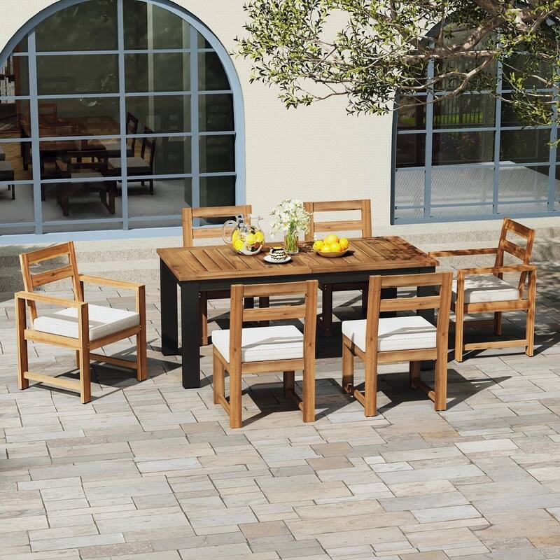 Acacia Wood 7 Piece Patio Dining Table and Chairs Set with Umbrella Hole for Outdoor Gatherings and Relaxation
