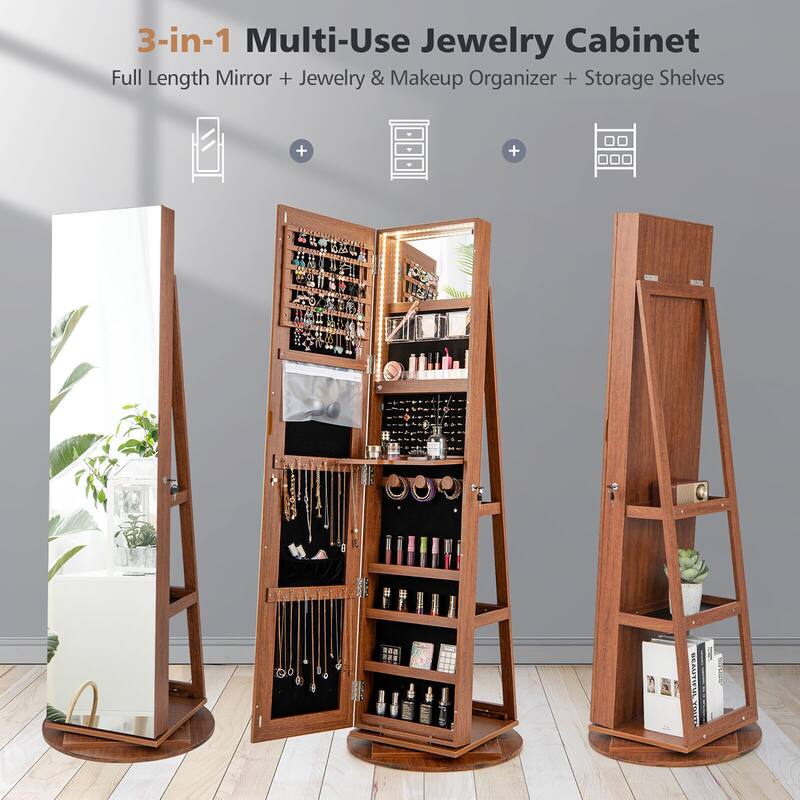 Gymax Rotating Mirrored Jewelry Cabinet with Mirror Storage Shelves