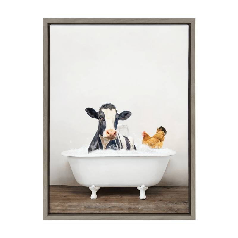 Kate and Laurel Cow Chicken in Bath Framed Canvas by Amy Peterson