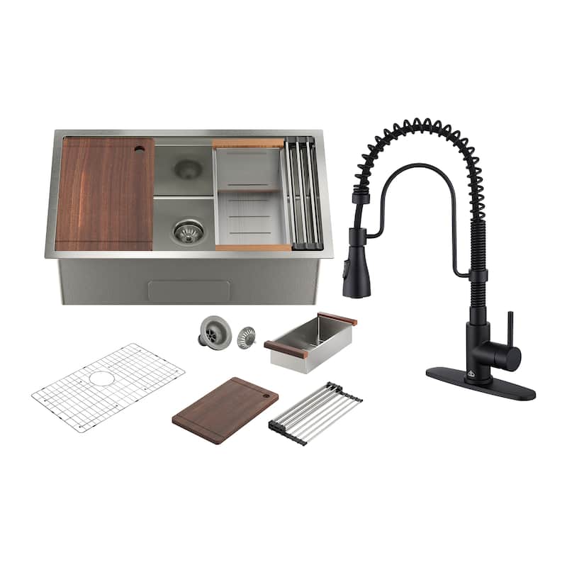 All-in-One Undermount Single Bowl 16 Gauge Nano Brushed Stainless Steel Workstation Kitchen Sink with Accessories and Faucet Set - 32 x 19 x 10 - Sink + Matte Black Pull Down Kitchen Faucet