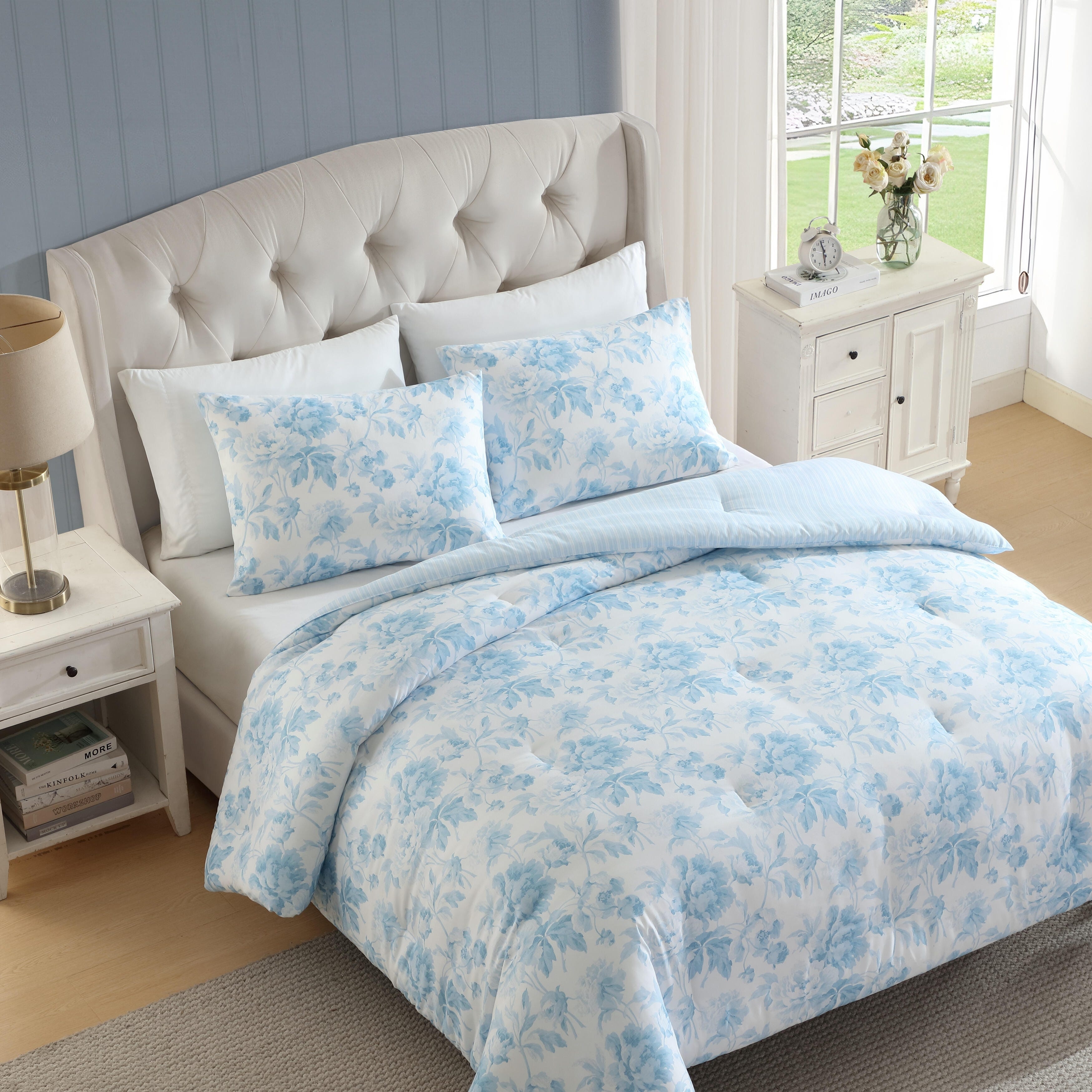 Laura Ashley Anja Textured Toile Reversible Blue Comforter Bonus