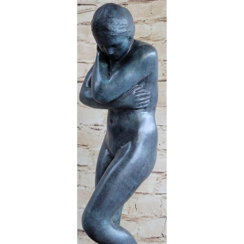 Eve By Auguste Rodin 1880 Bronze Statue Sculpture Replica Green Patina On Tan Marble Base