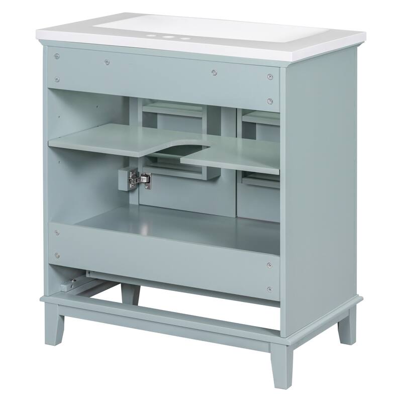 30'' Solid Wood Bathroom Vanity with Multifunctional Cabinet, Drawers, and Ceramic Sink