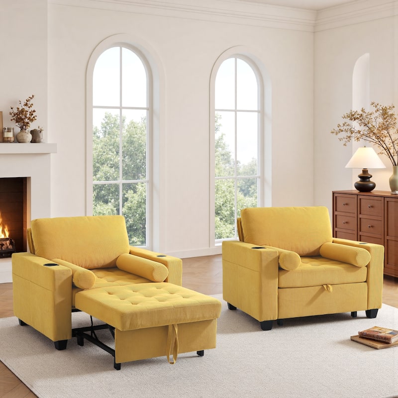 2 Set Convertible Adjustable Lounge 3-in-1 Pull-Out Sleeper Chair Bed - Yellow