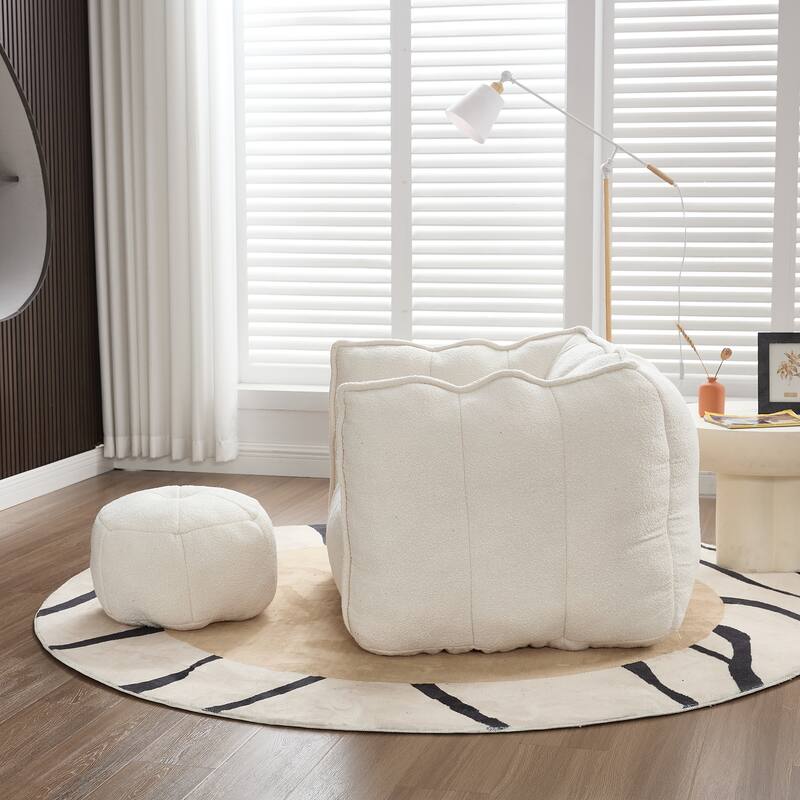 Extra-Large Chenille Bean Bag Chair with Footstool, Comfy Bean Bag Sofa for Adults, High Resilient Foam Square Lazy Sofa