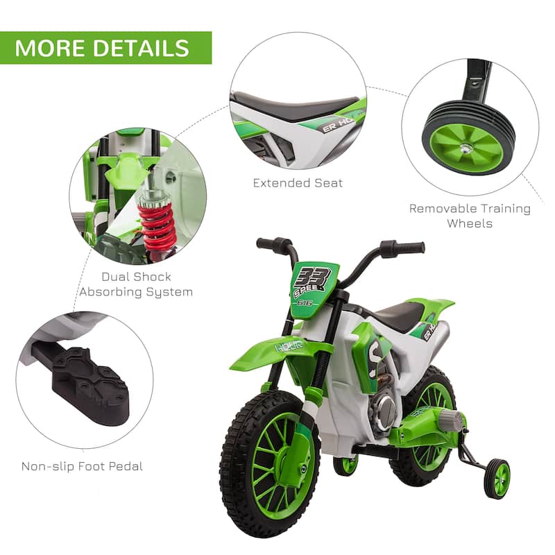 Motorcycle Dirt Bike Electric Battery-Powered Ride-On Toy Off-road Street Bike with Charging Battery, Training Wheels Green