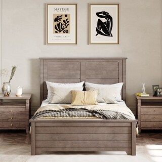 Farmhouse Wood Platform Full Size Bed with Panel Design Headboard and ...