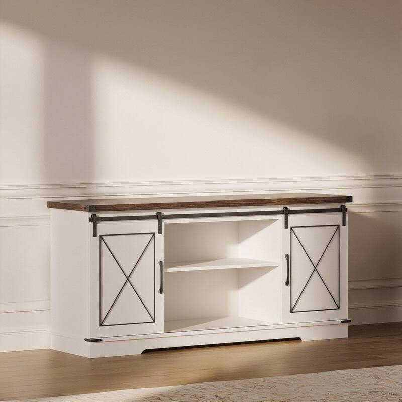 TV Stand, with Sliding Barn Doors, up to 65" - Brown+White