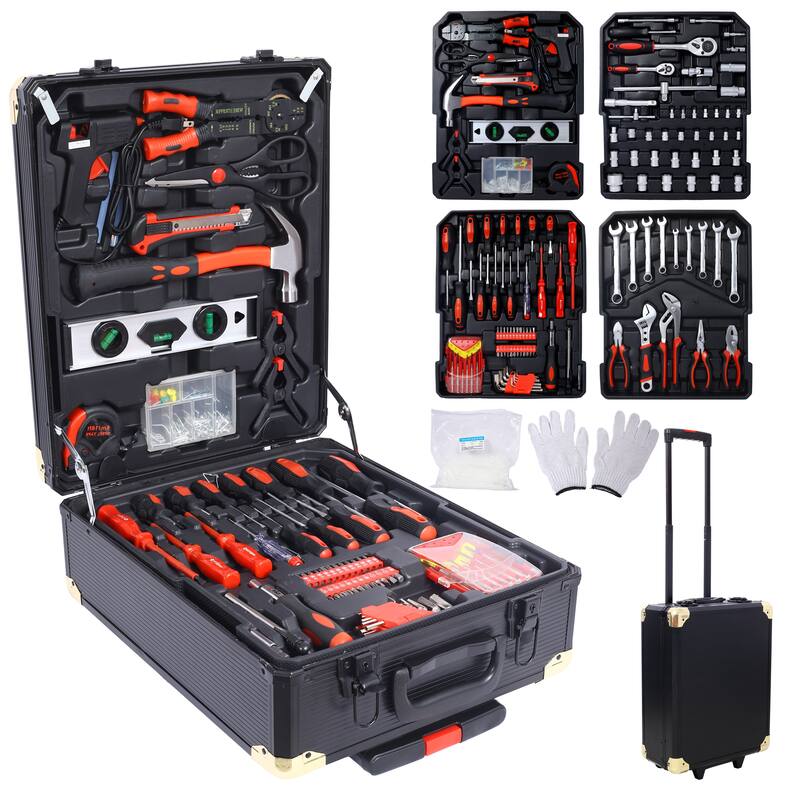 969pcs Home Repair Tool Set Kit for Men, Toolbox Storage Case with 4 Drawers, Household Tool Kit with Rolling Tool Box - Black - Aluminum
