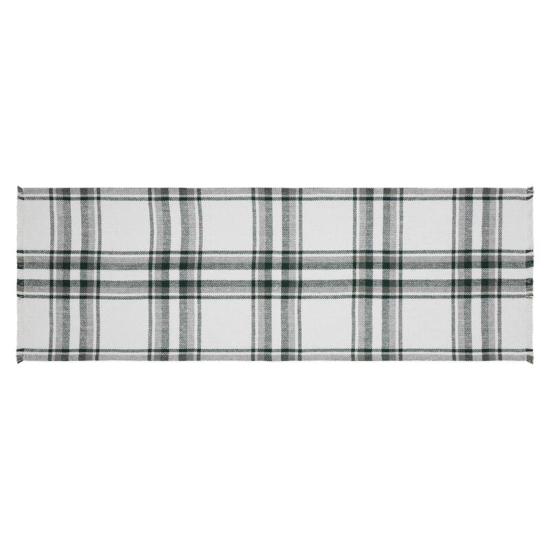 Harper Plaid Green White Runner Fringed 12x36