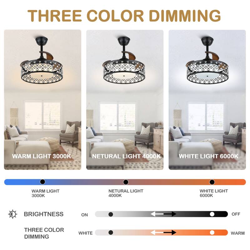 Bella Depot 22" Modern Crystal Retractable Ceiling Fan 6-Speed with Remote and Dimmable Light - 22 inches