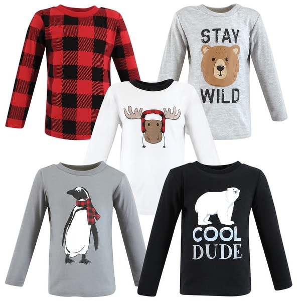 slide 1 of 1, Hudson Baby Infant Boy Long Sleeve T-Shirts, Winter Penguin Moose 12-18 Months - Winter Penguin Moose