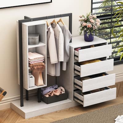Modern Wardrobe with 4 Drawers and 3 Open Storage Clothes Storage Cabinet Armoire for Bedroom