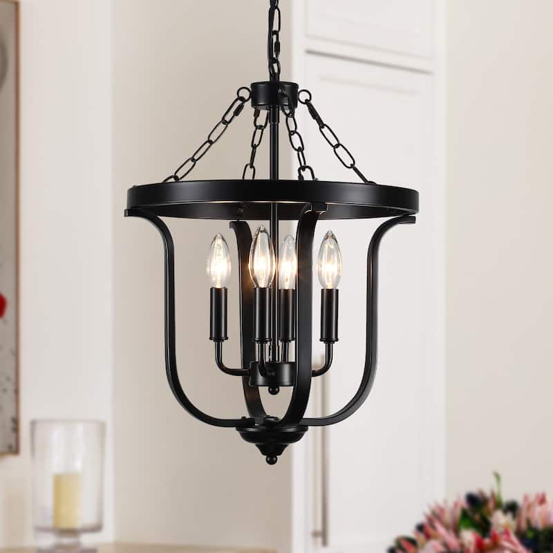 4-Light Candle Accents Rustic Cage Chandelier for Dining Room Kitchen Island - Black