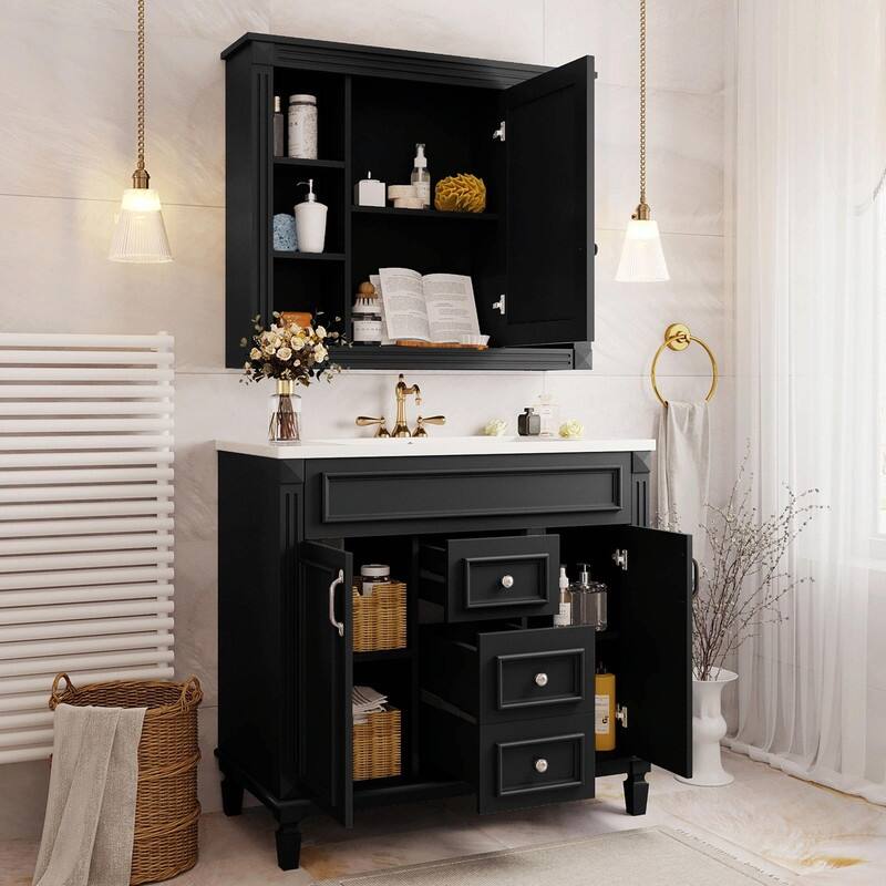 36'' Modern White Bathroom Vanity with Top Sink, Mirror Cabinet