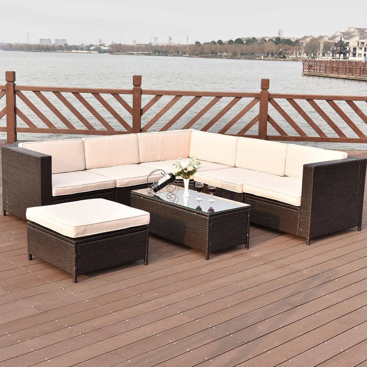 Shop Costway 7 Pcs Outdoor Rattan Wicker Furniture Set Sectional Cushioned Seat Garden Patio Overstock 16409116