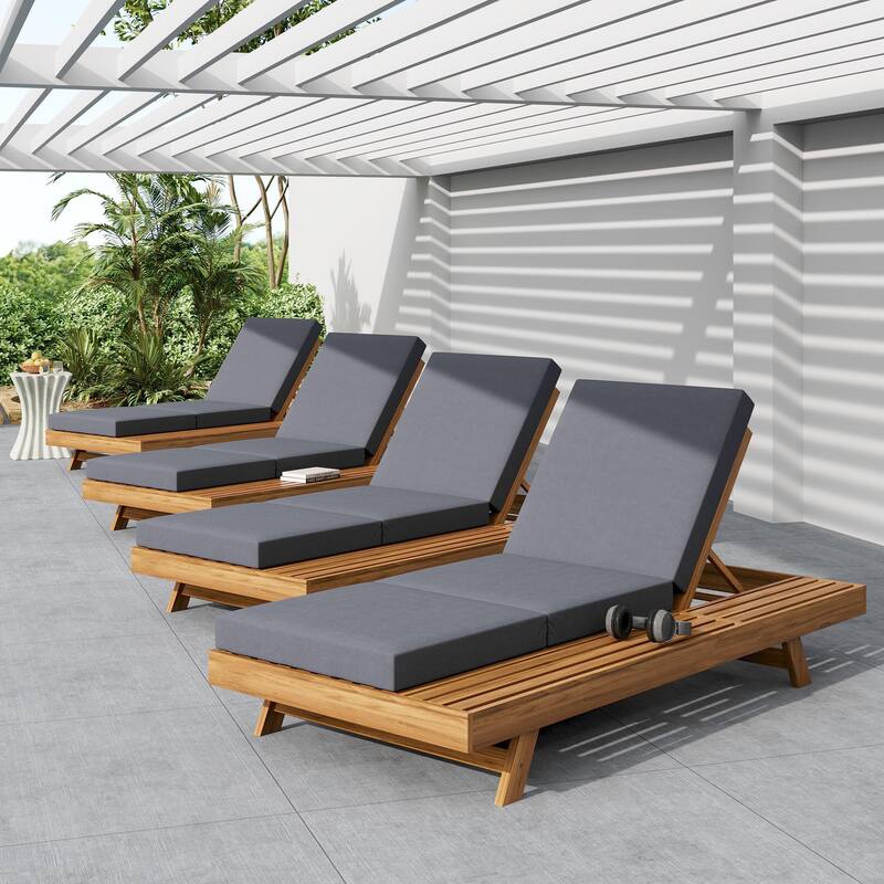 Roomfitters Outdoor Acacia Wood Chaise Lounge: Adjustable Sunbed with Built-in Side Table & Triple-Fold Dark Grey Cushion