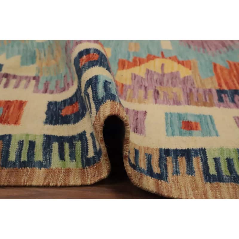 Hand Woven Oriental 100% Wool Carpet Southwestern Modern Navy Blue & Blues Kilim Area Rug - 9' 2'' X 6' 0''
