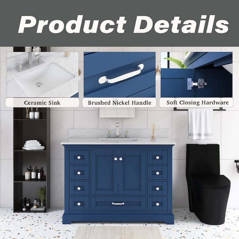 48 inch Plywood Single Sink Freestanding Bath Vanity with White Marble Top - 48" x 22"