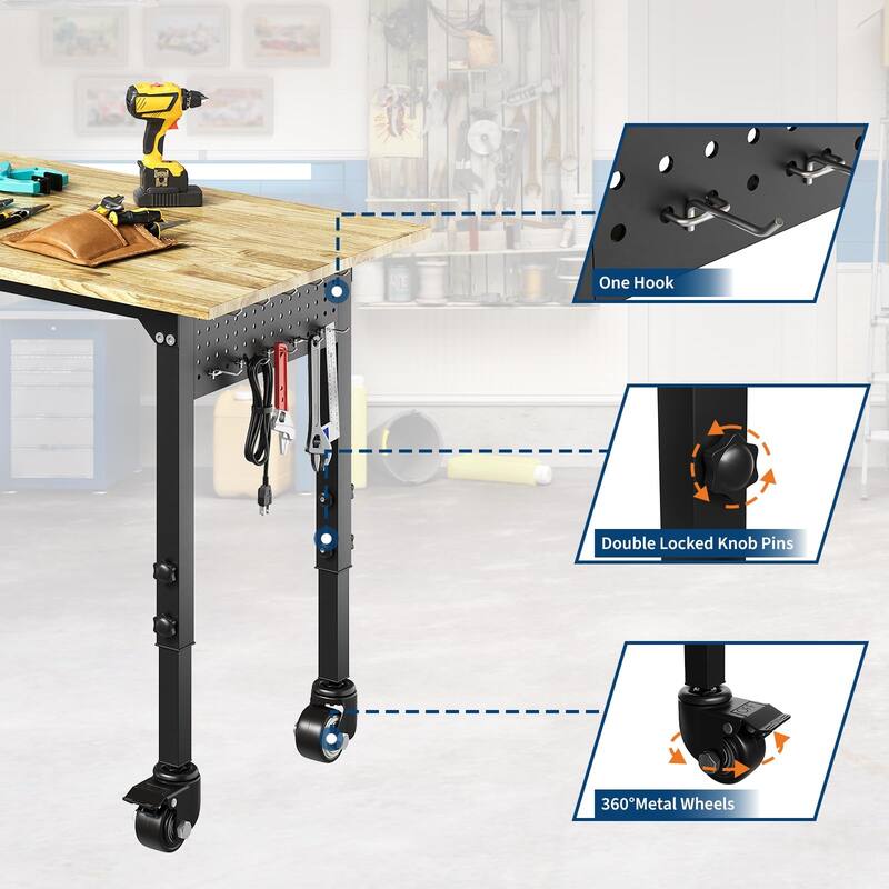 48inch 60inch Adjustable Heavy Duty Workbench with 4 AC Outlet and 2 USB Ports Power Outlets, 2200 LBS Load Capacity