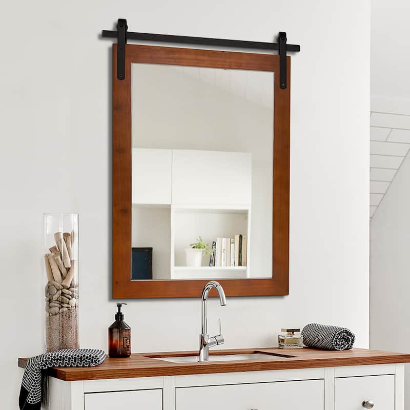 Rustic Farmhouse Mirror Vanity Mirror Solid Wood Frame with Metal Barn Style Mirror - 18W * 26H Inches - Brown