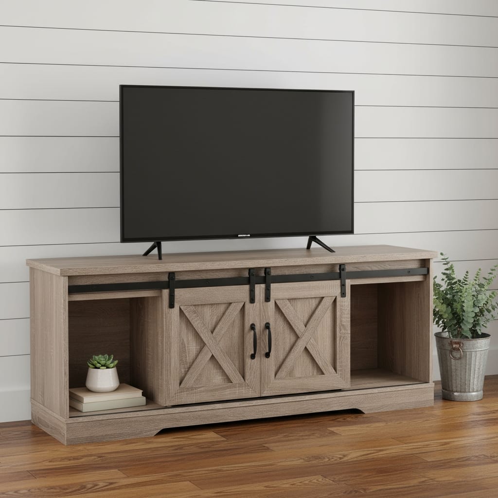 HomeRoots 59" Deep Taupe Cabinet Enclosed Storage TV Stand - 59.00 in. x 23.50 in. x 15.50 in.
