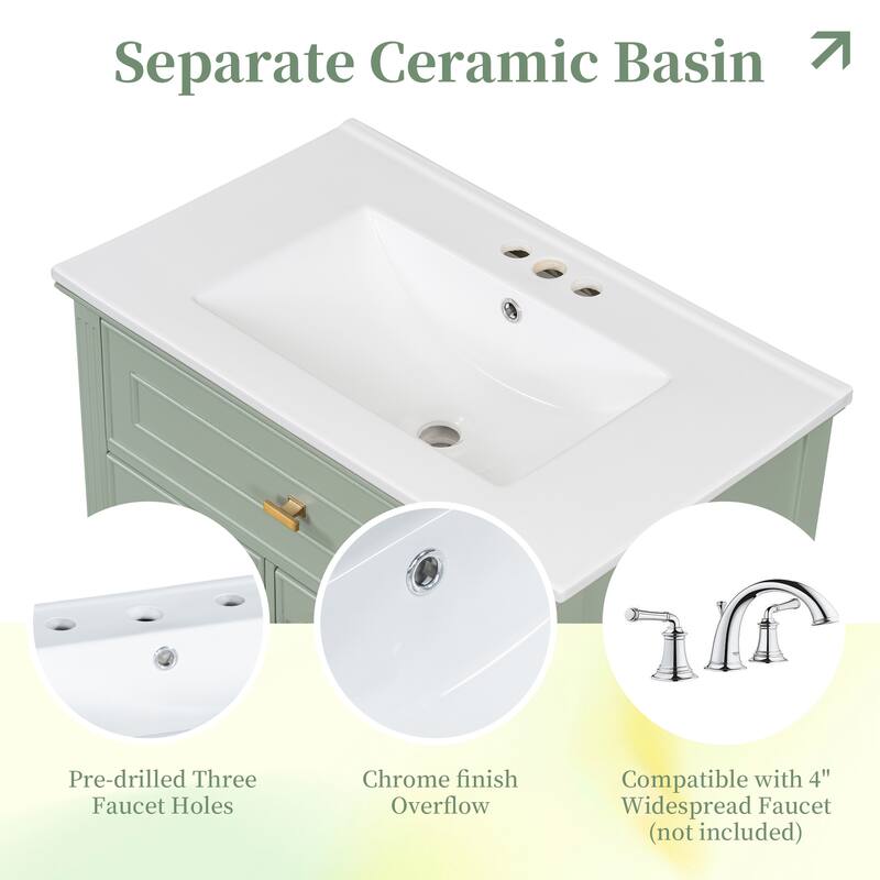 Roomfitters 30" Bathroom Vanity with Ceramic Sink, Solid Wood Frame with Flip Drawer, 2 Side Drawers & Adjustable Shelf