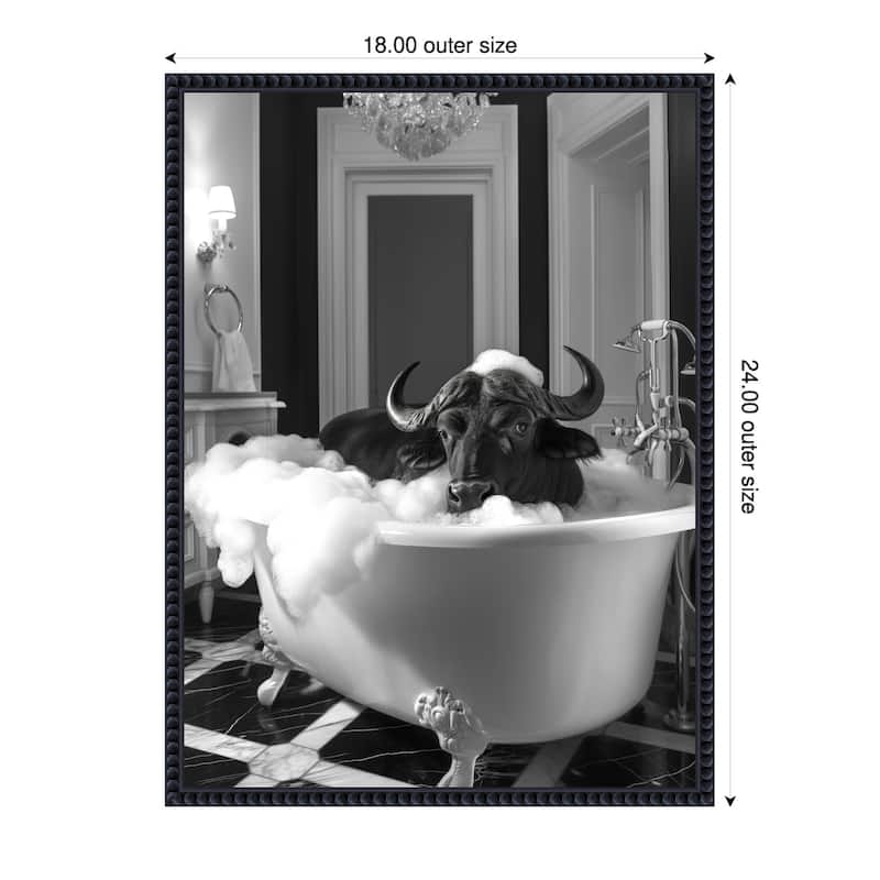 Curious Buffalo In the Tub by Niky Rahner Framed Canvas Wall Art - 18 x 24 in