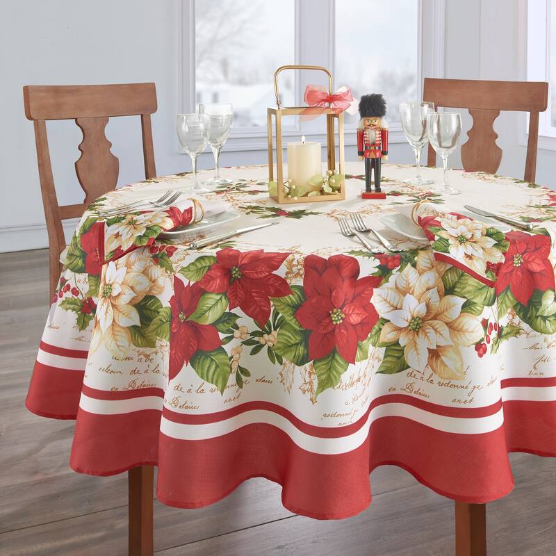 Red and White Poinsettia Tablecloth - 60"x84" Oval