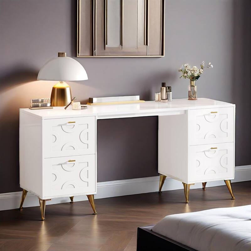 Modern Dressing Table With 4 Drawers Makeup Desk Gold Legs - 59.6" X 17.72" X 30.51" - White