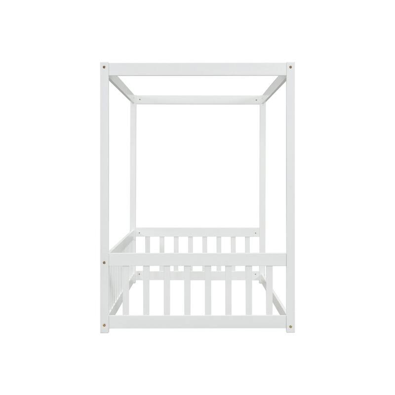 Twin Size Canopy Frame Floor Bed with Fence, Guardrails