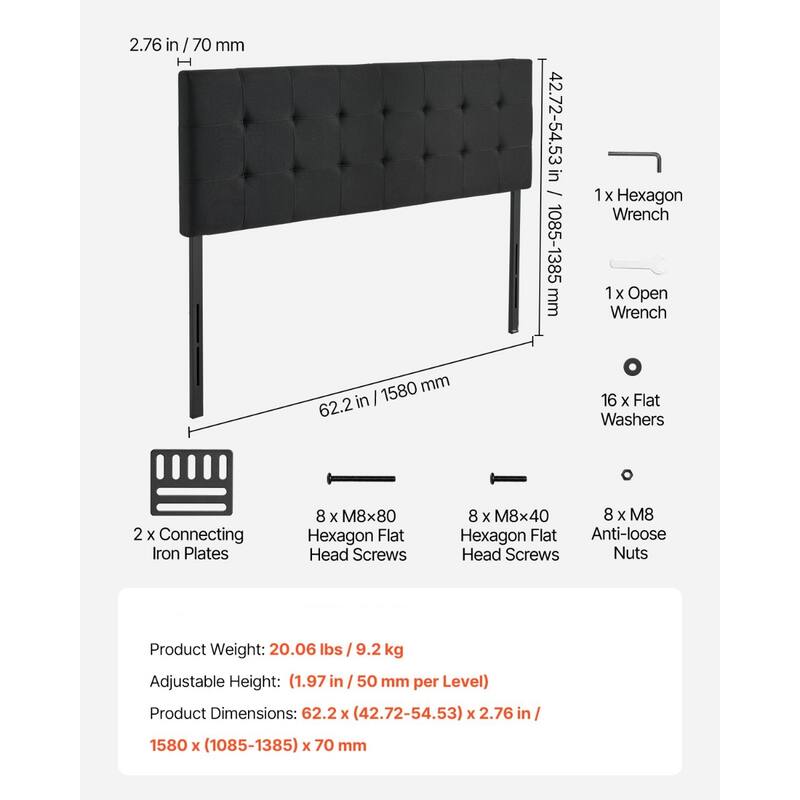 Black Linen Fabric Diamond Tufted Queen Size Headboard with Adjustable Height and Steel Frame