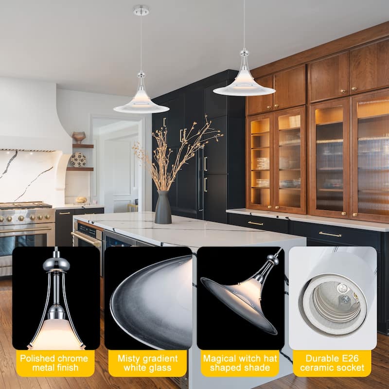 Chrome Trumpet Clear Glass Pendant Light Modern Hanging Fixture - Dia.15.55-in