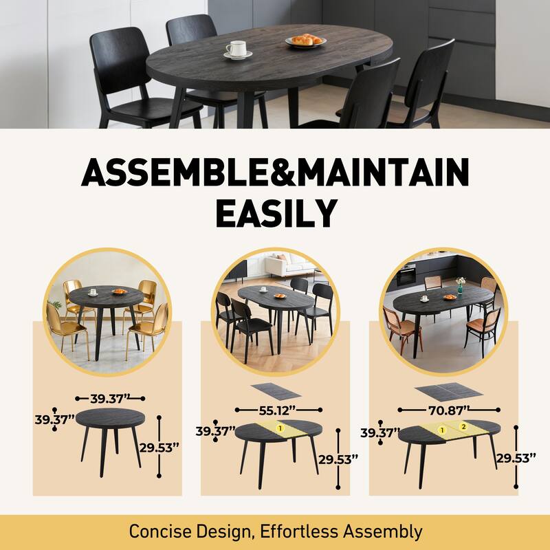 Modern Extensible Oval Dining Table 4-6 Person, Kitchen Table with MDF Top & Metal Legs for Dining Room, Living Room