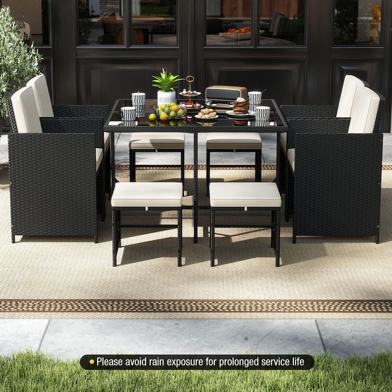 Costway 9 PCS Patio Dining Set with Tempered Glass Table & Ottoman - See Details